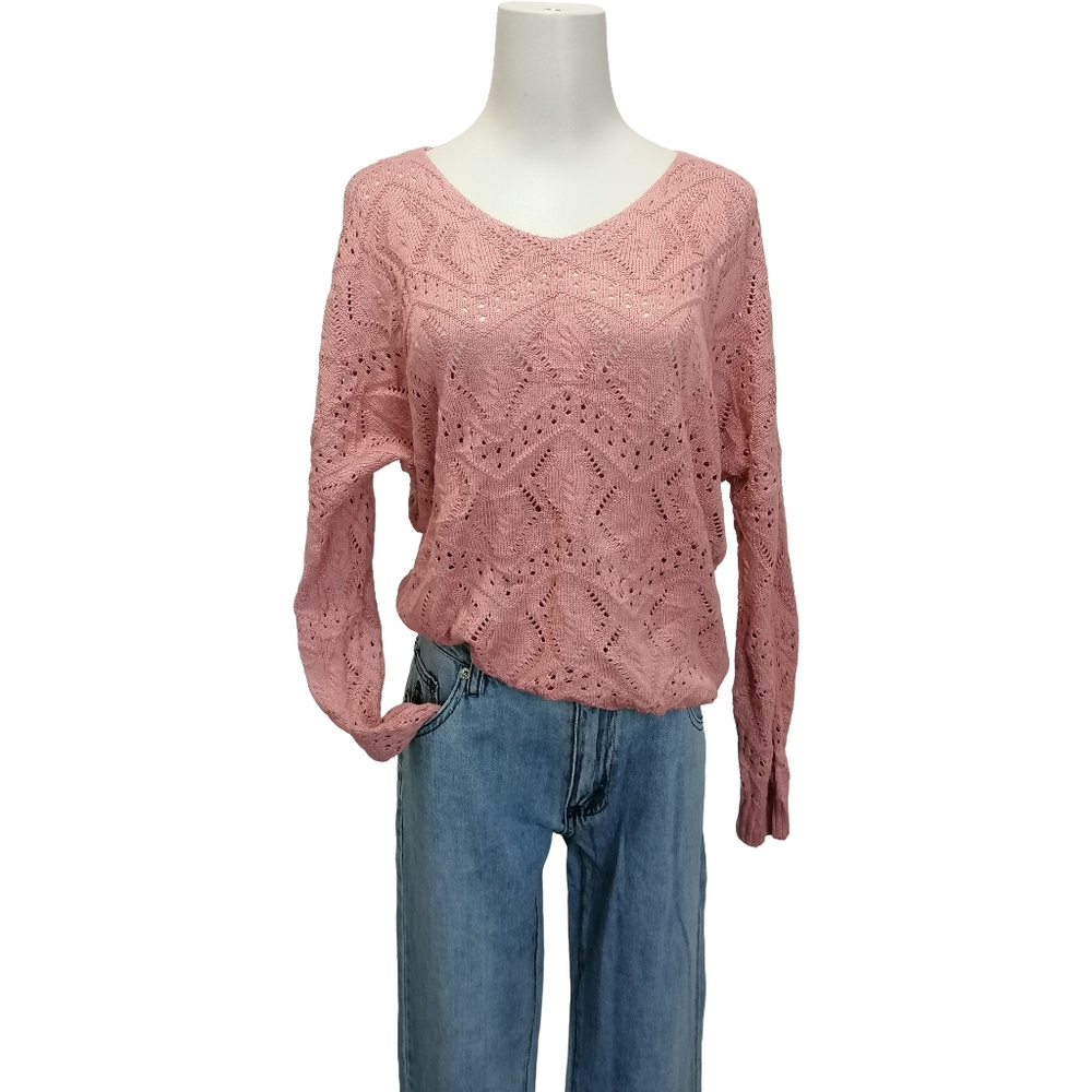 🦩🦩🦩 Boho Knit Eyelet Pullover Sweater - Dusty Rose